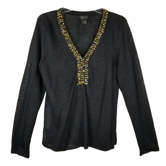 Evie Womens Soft Linen Long Sleeve V Neck Top Size L Black Embellished Neckline - Picture 2 of 11